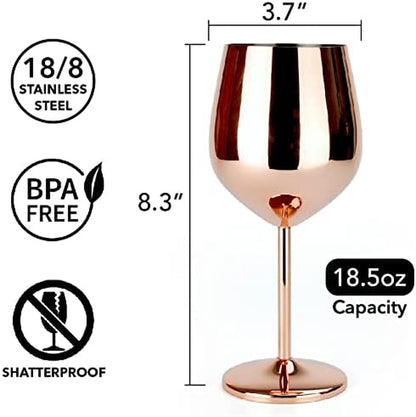 Copper/Rose Gold Stem Stainless Steel Wine Glass Set 4-18.5 Oz