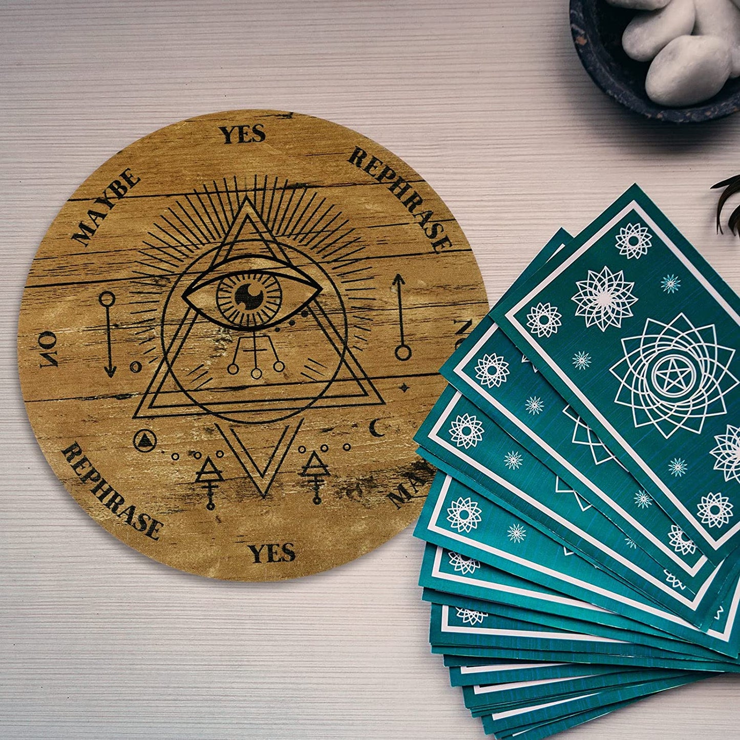 Pendulum Board Set Wooden Dowsing Divination Board Metaphysical Message with Crystal Divinity Pendulum Necklace for Witchcraft Wiccan Wand Altar Supplies, 3.9 Inch(Wood Color)