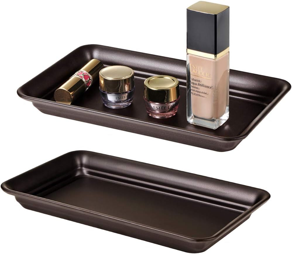 Vintage Farmhouse Decor Metal Vanity Tray(2 Pack),Countertop Guest Hand Towel Storage Organizer Tray Dispenser, Sturdy Holder for Perfume,Cosmetics, Jewelry, Makeup Bathroom Organizer (Bronze)