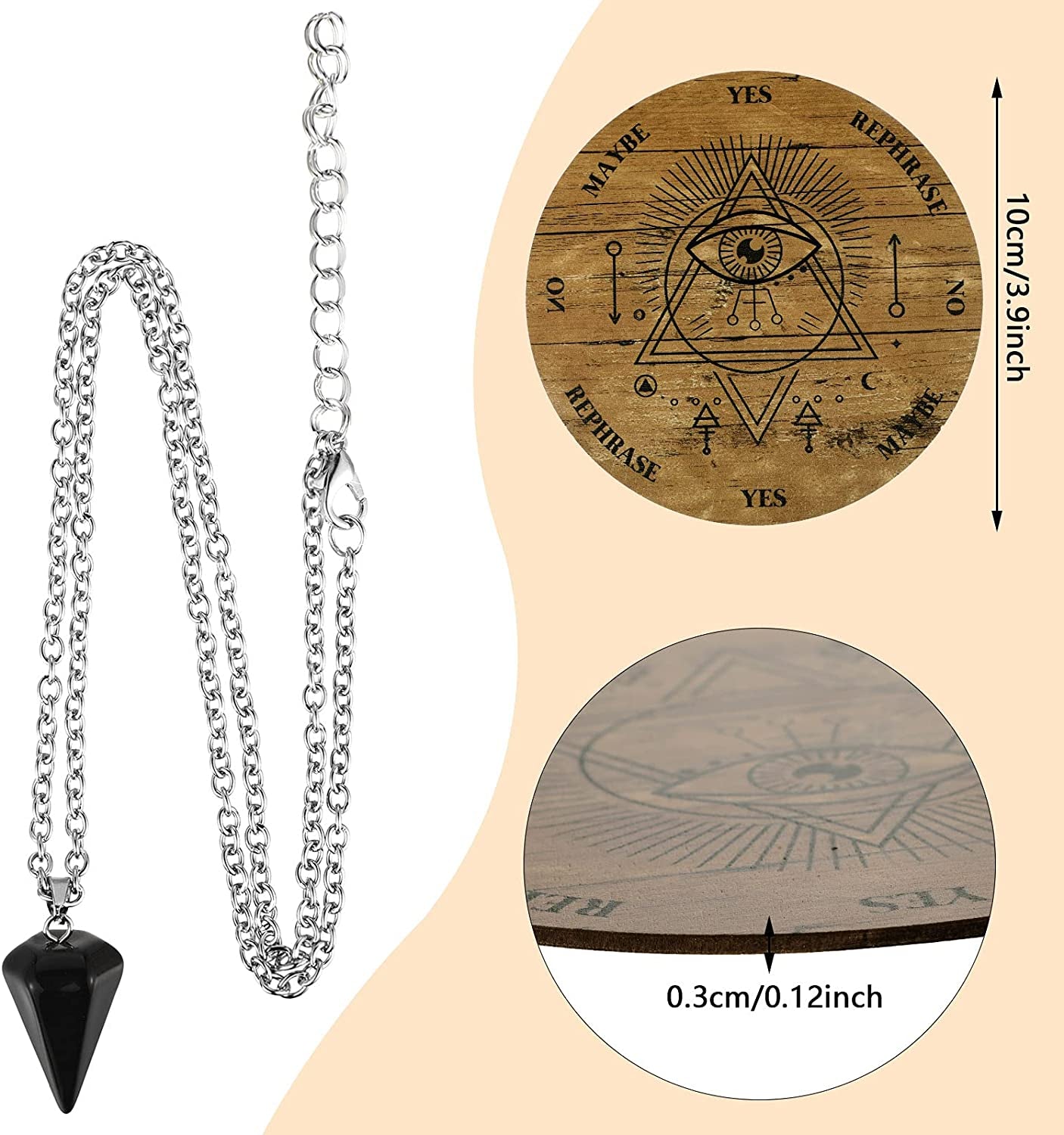 Pendulum Board Set Wooden Dowsing Divination Board Metaphysical Message with Crystal Divinity Pendulum Necklace for Witchcraft Wiccan Wand Altar Supplies, 3.9 Inch(Wood Color)