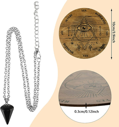 Pendulum Board Set Wooden Dowsing Divination Board Metaphysical Message with Crystal Divinity Pendulum Necklace for Witchcraft Wiccan Wand Altar Supplies, 3.9 Inch(Wood Color)