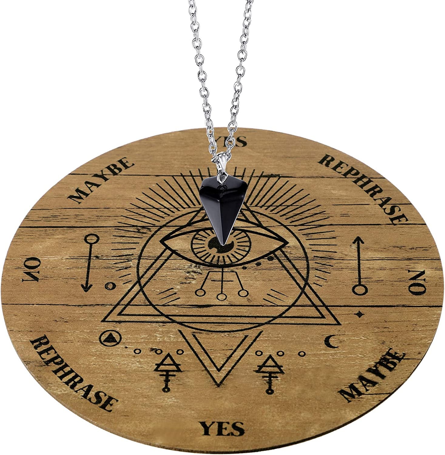 Pendulum Board Set Wooden Dowsing Divination Board Metaphysical Message with Crystal Divinity Pendulum Necklace for Witchcraft Wiccan Wand Altar Supplies, 3.9 Inch(Wood Color)